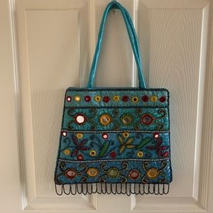 Blue satin mirror embroidery shoulder bag  w/ zip